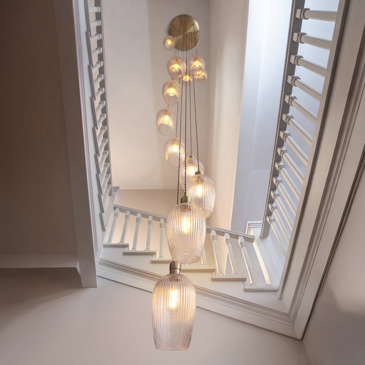 Stourton 13 Light Antique Brass & Ribbed Glass Cascade Pendant Light
