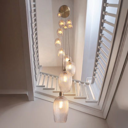 Stourton 13 Light Antique Brass & Ribbed Glass Cascade Pendant Light