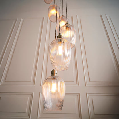 Stourton 13 Light Antique Brass & Ribbed Glass Cascade Pendant Light