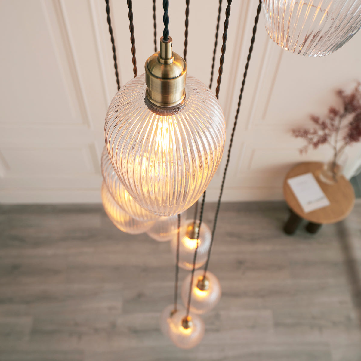 Stourton 13 Light Antique Brass & Ribbed Glass Cascade Pendant Light