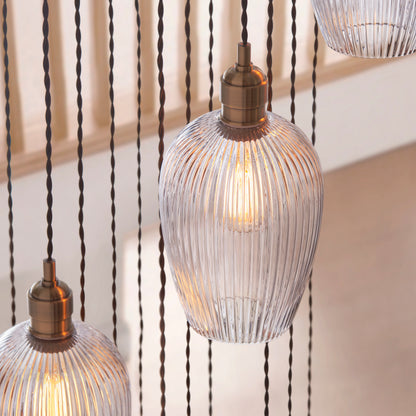 Stourton 13 Light Antique Brass & Ribbed Glass Cascade Pendant Light