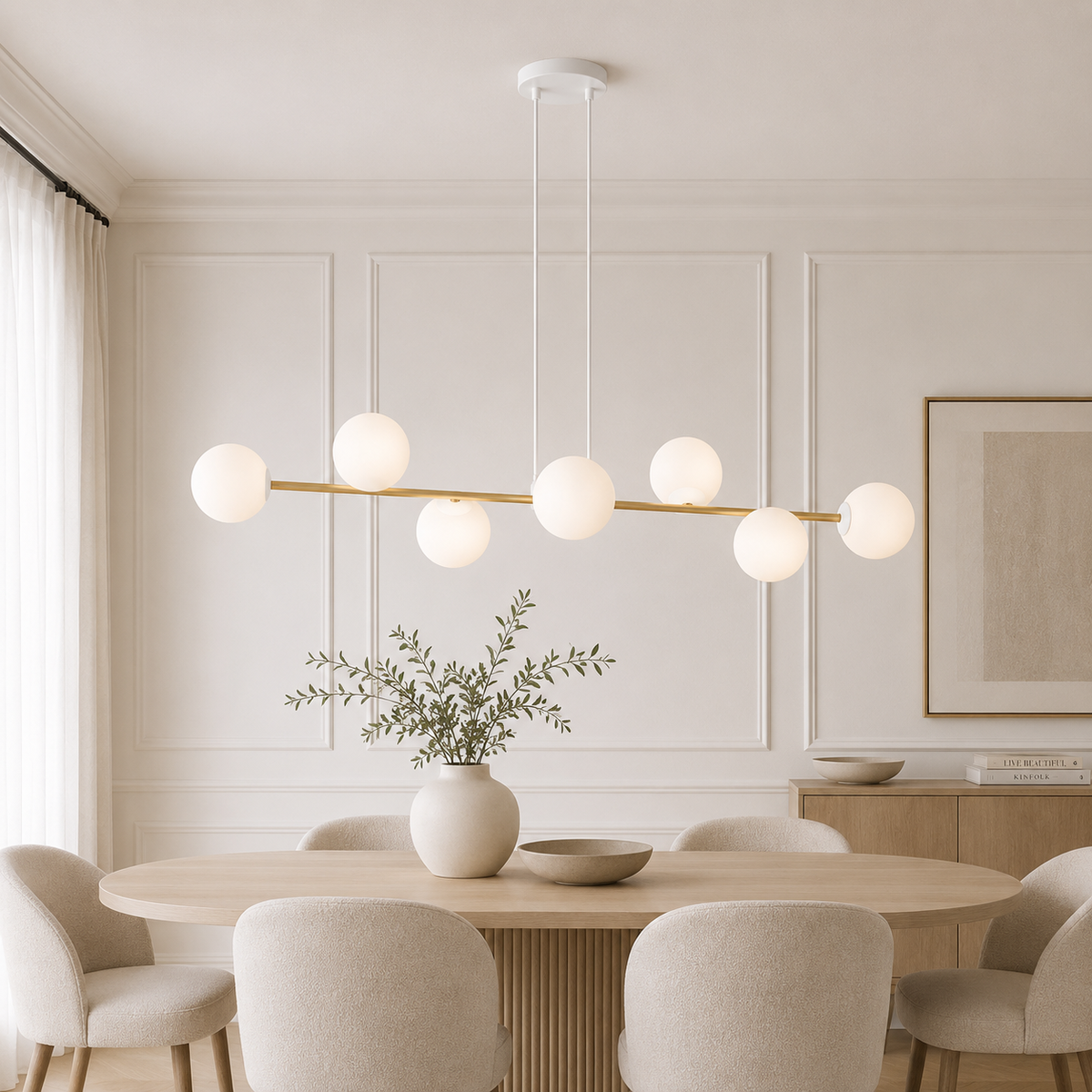 Gravity 8 Light Linear Pendant White & Gold