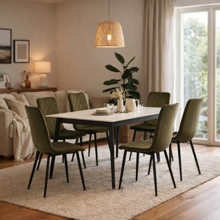 Lourdes 1.6M White and Black Table with 6 Green Chairs Dining Set