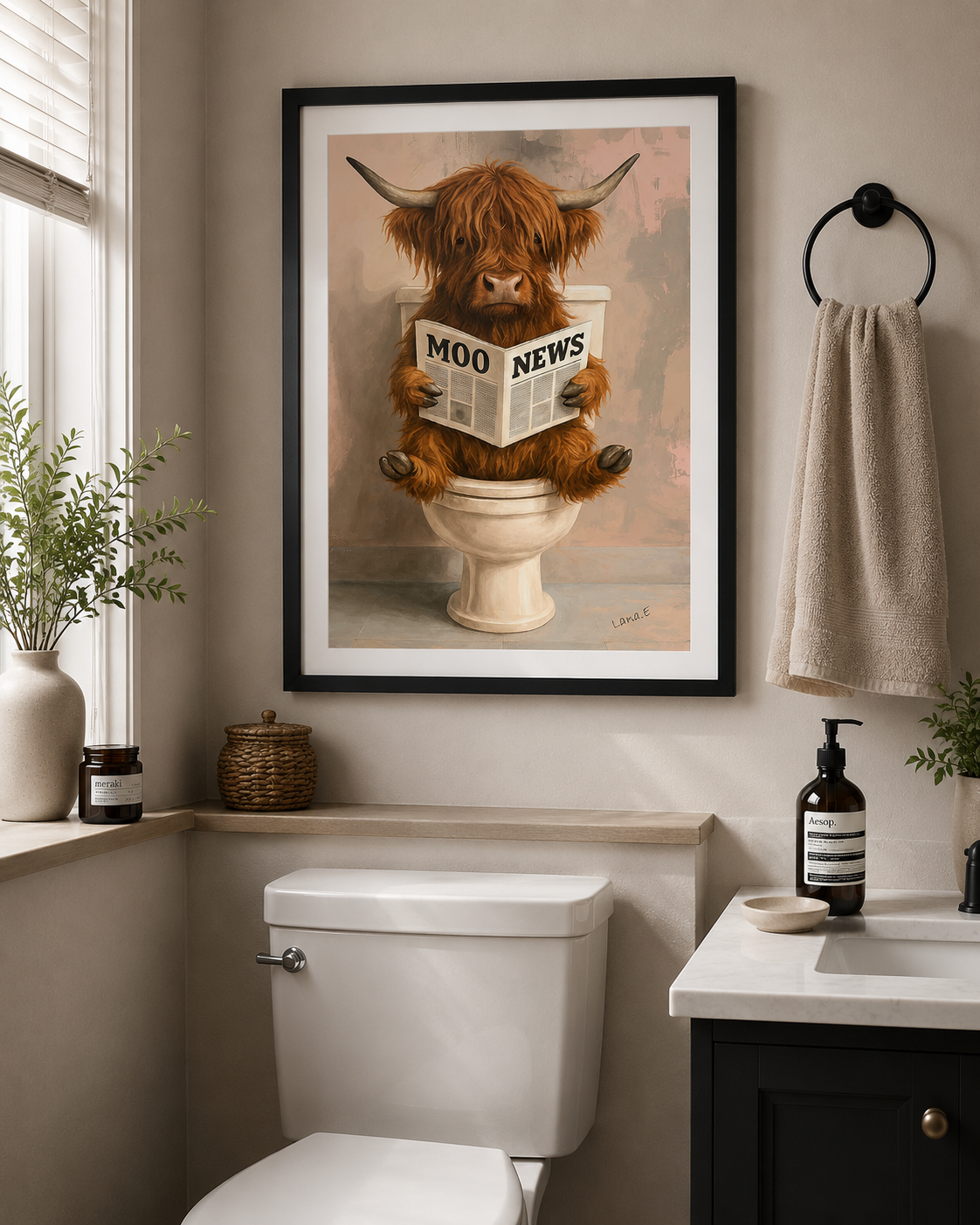 Moo News Highland Cow Bathroom Wall Art – 30x40cm