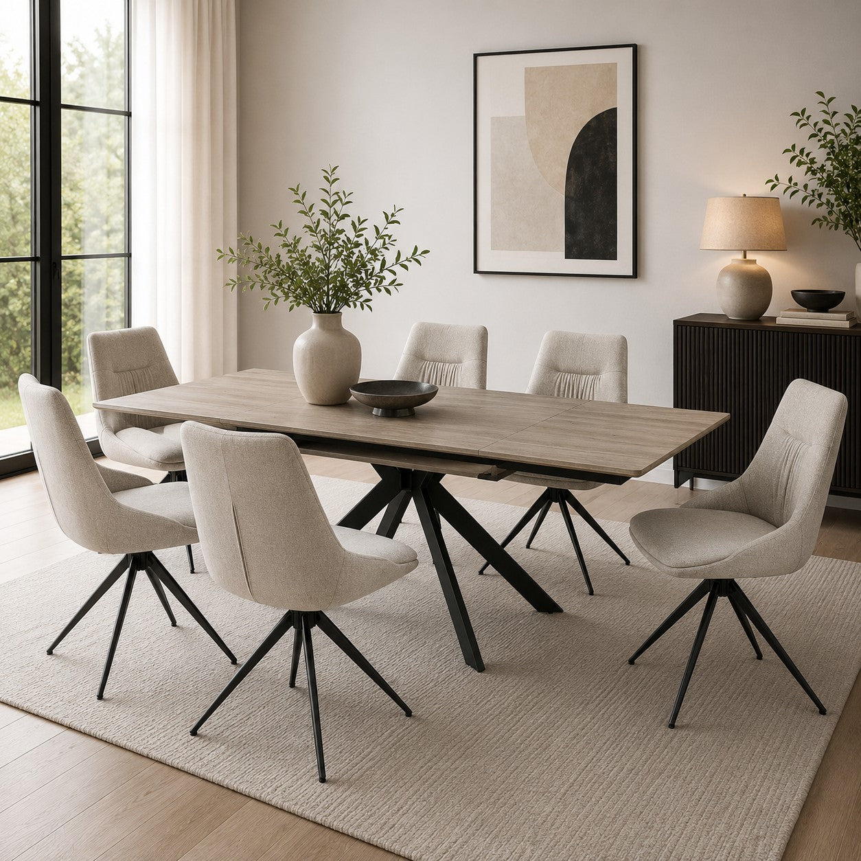 Manhattan 1400 – 1800mm Grey Table 6 Natural Boden Chairs