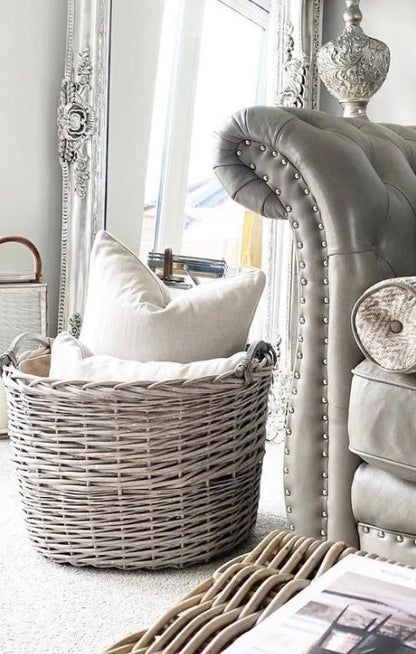 Wovenhill Oval Grey Wash Log Basket with Wooden Handles