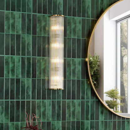 Tobiah 4 Light Bathroom Wall Light Natural Brass and Glass IP44