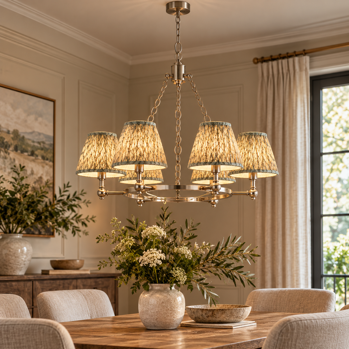 Arabella 6 Light Nickel Chandelier with Green Leaf Shades