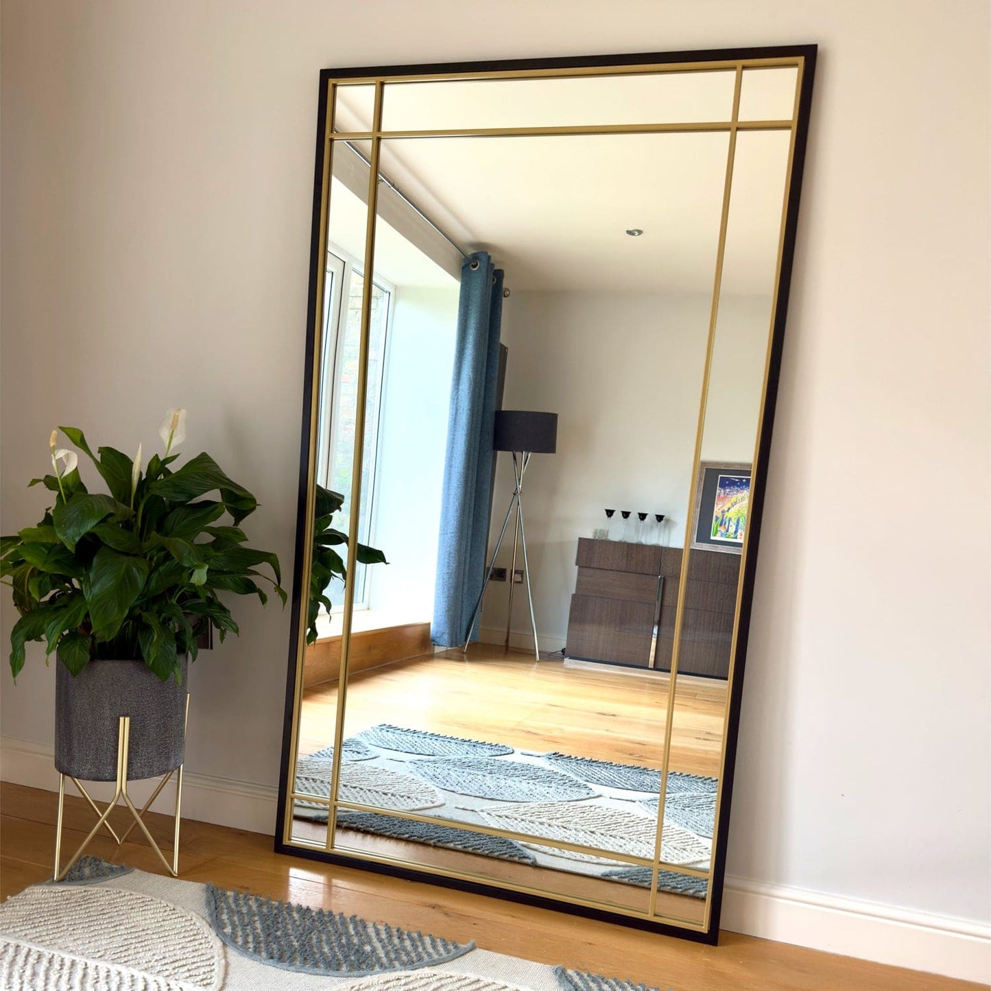 Aimi - Full Length Black & Gold Metal Rectangle Window Mirror - 180cm x 105cm