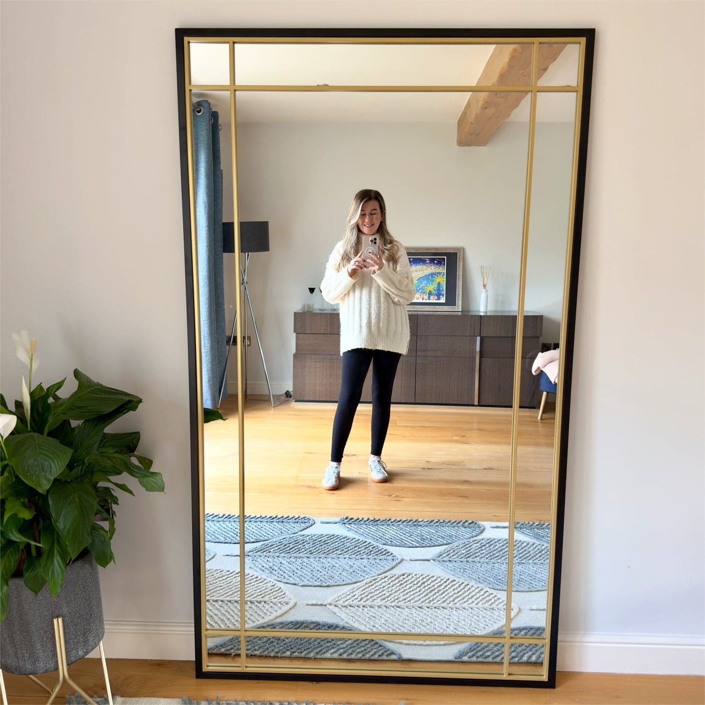 Aimi - Full Length Black & Gold Metal Rectangle Window Mirror - 180cm x 105cm