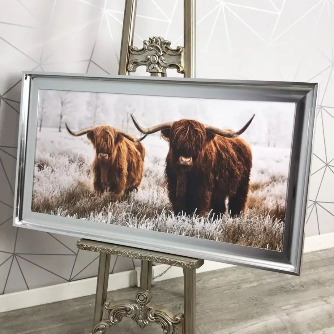 Highland Cow Liquid Art 1 with Chrome Frame 117x67cm