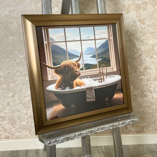 Highland Cow in the Bath II with Gold Frame