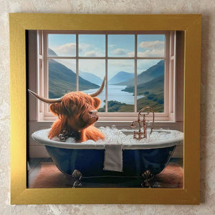 Highland Cow in the Bath II with Gold Frame