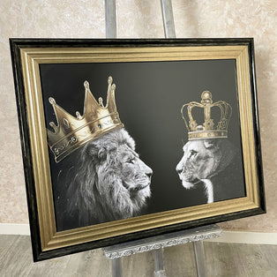 King & Queen Lions with Gold Crowns Artwork with Black and Gold Frame