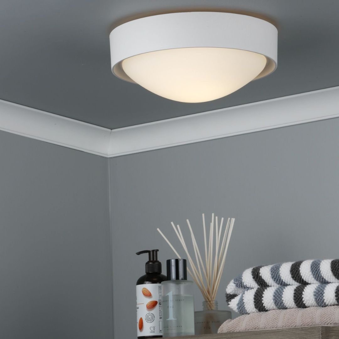 Beta White Bathroom IP44 Flush Ceiling Light with Opal Glass Shade