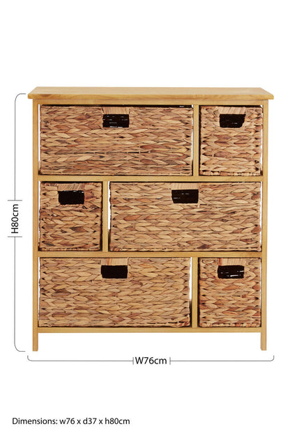 Padstow Natural Wooden Storage Unit with 6 Water Hyacinth Drawers