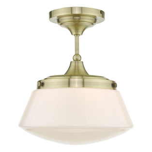 Caden Opal Glass IP44 Semi Flush Antique Brass Ceiling Light