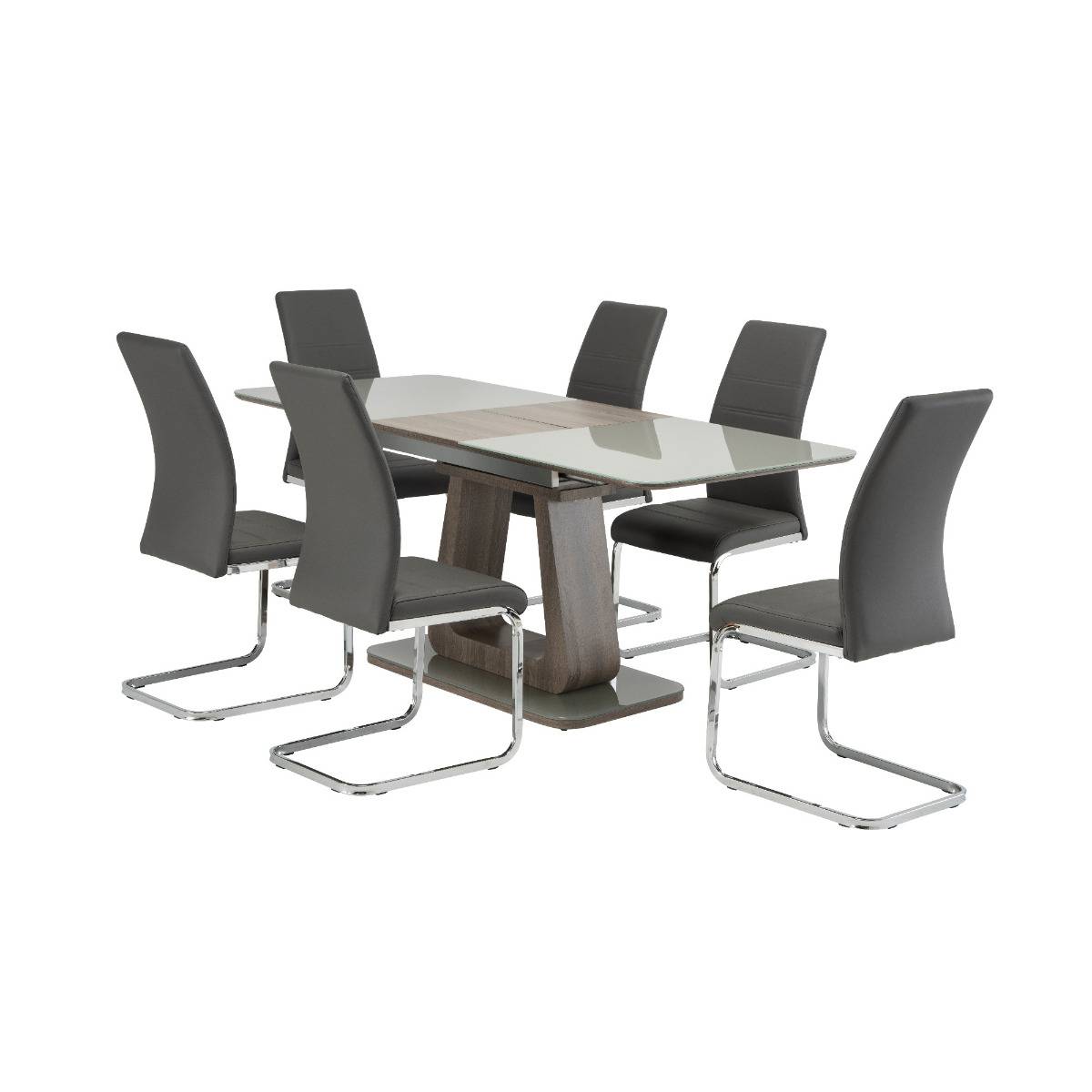 Calgery 1.4M to 1.8M Grey Oak Extendable Dining Table with 6 Grey Chairs Dining Set