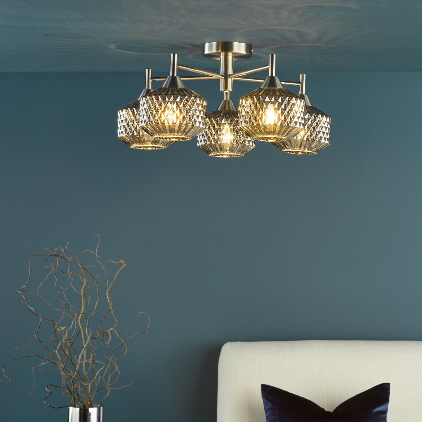 Fabrienne 5 Light Nickel & Smoked Glass Semi Flush Ceiling Light
