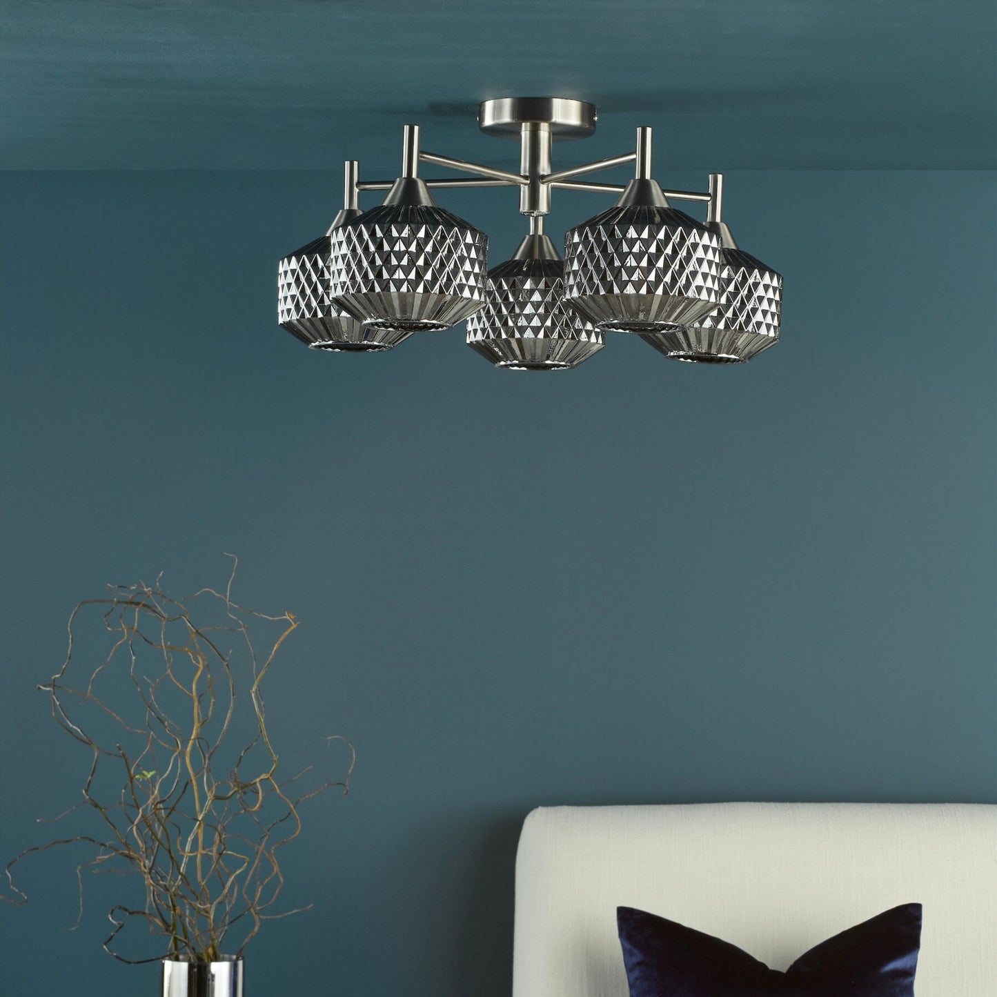 Fabrienne 5 Light Nickel & Smoked Glass Semi Flush Ceiling Light