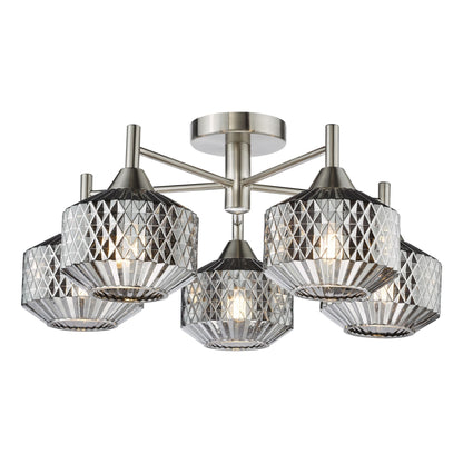 Fabrienne 5 Light Nickel & Smoked Glass Semi Flush Ceiling Light