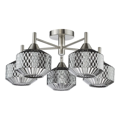 Fabrienne 5 Light Nickel & Smoked Glass Semi Flush Ceiling Light