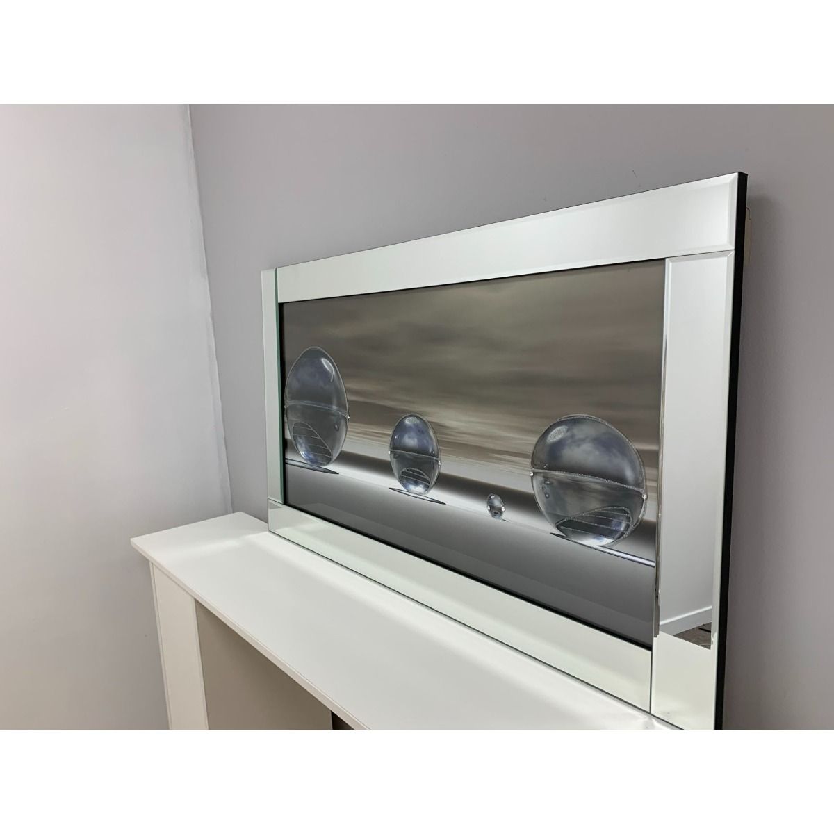 Metallic Silver Liquid Art with Mirrored Frame 67x117cm