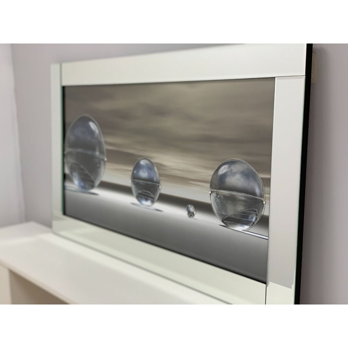 Metallic Silver Liquid Art with Mirrored Frame 67x117cm