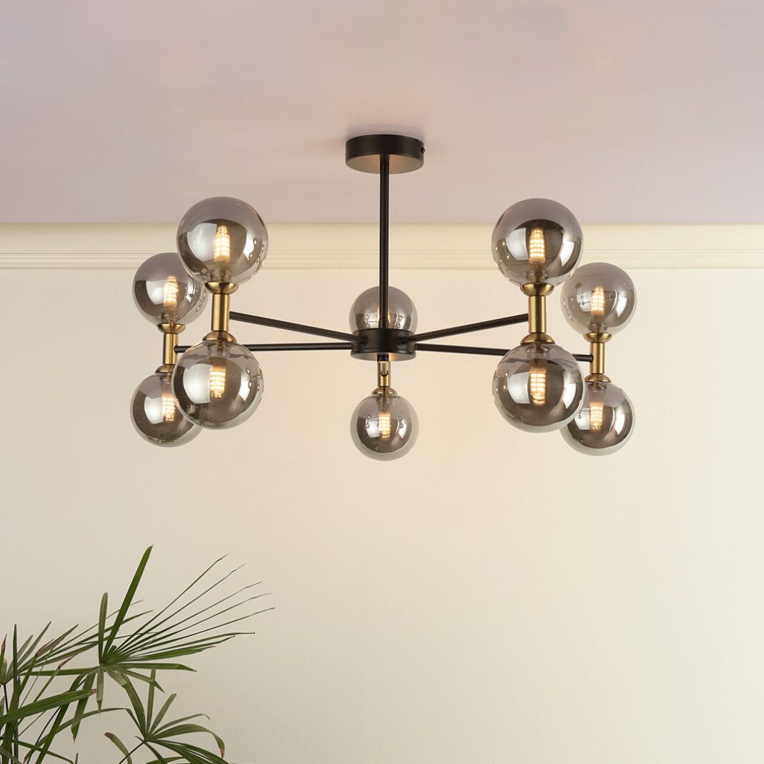 Loxley 10 Light Black & Gold Semi Flush Ceiling Light
