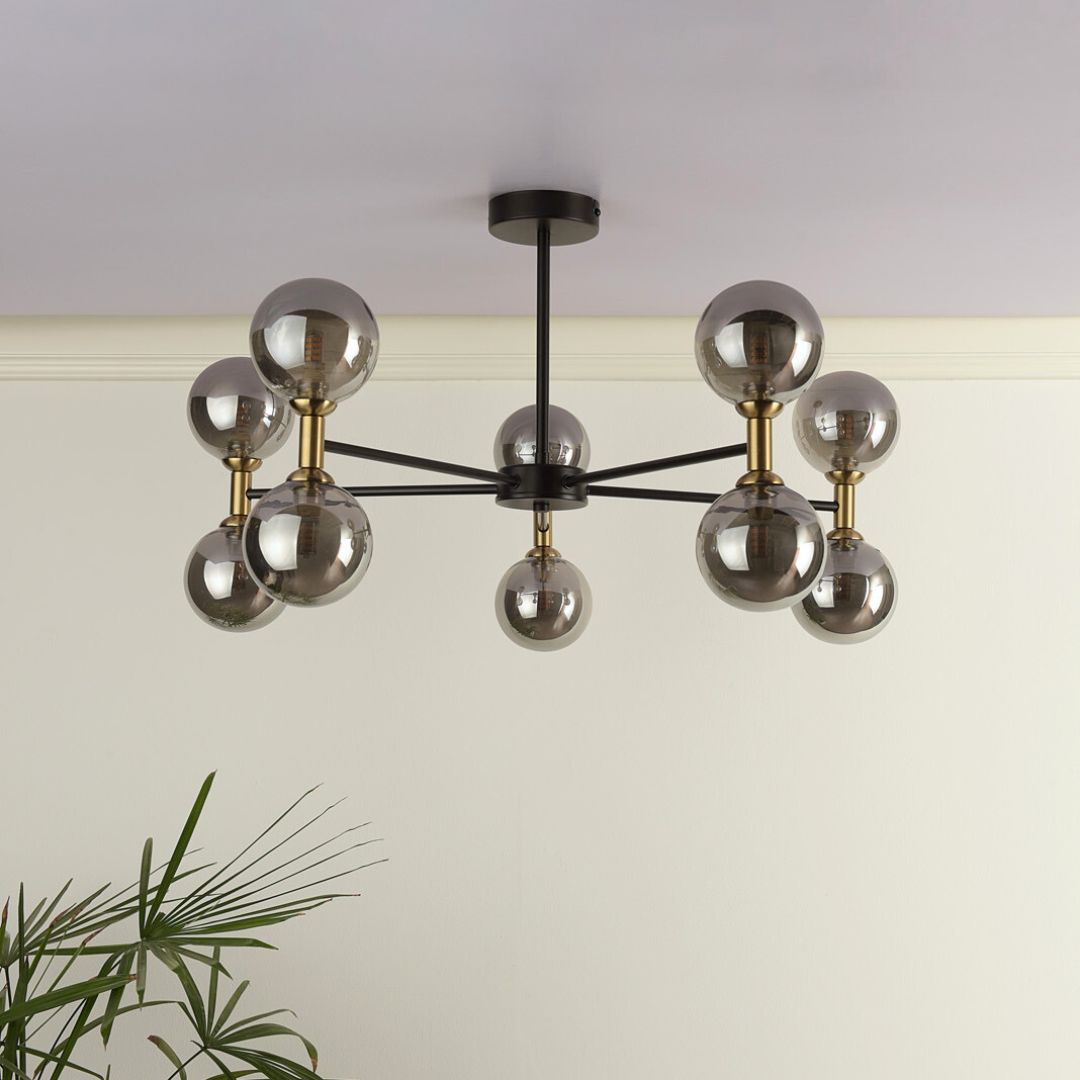 Loxley 10 Light Black & Gold Semi Flush Ceiling Light