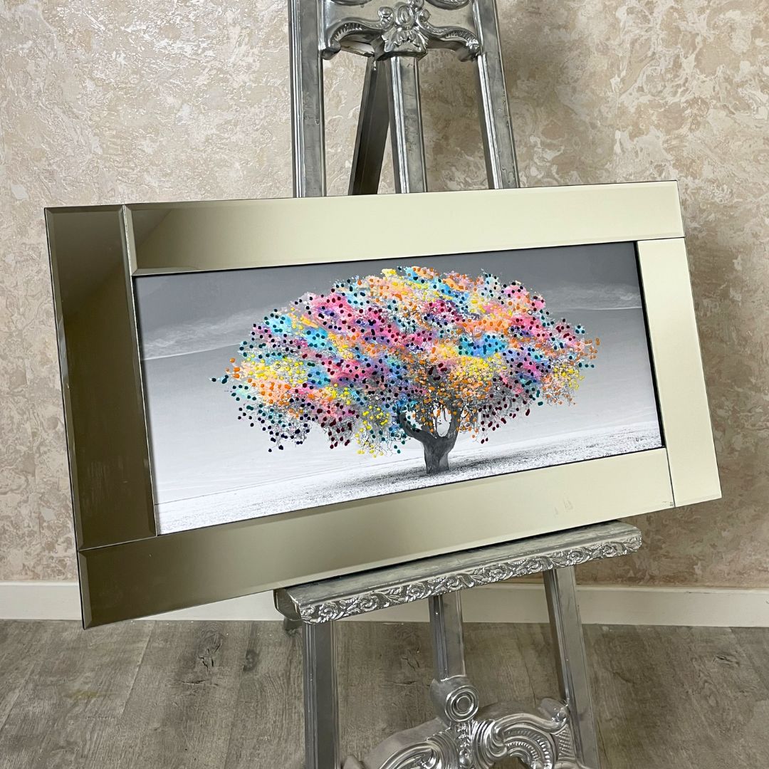 Rainbow Blossom Artwork with Silver Mirror Frame