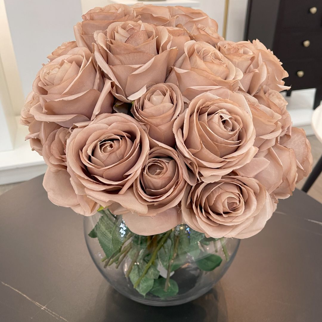 Faux Rose Bouquet in Glass Vase