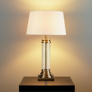 Pedestal Antique Brass & Glass Table Lamp with Cream Shade