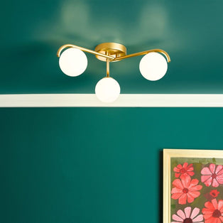 Orlena 3 Light Satin Gold Flush Ceiling Light with Opal Glass Shades
