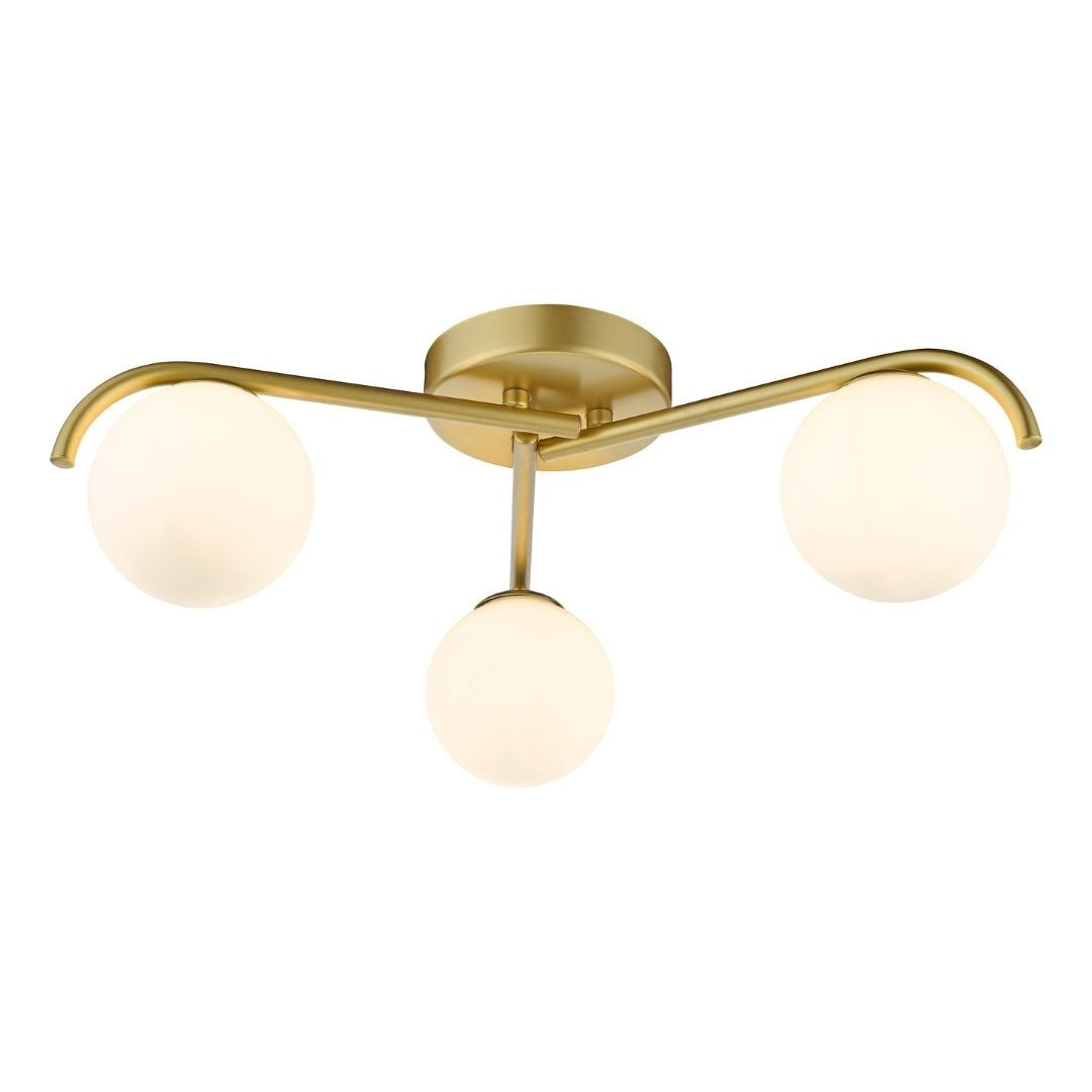 Orlena 3 Light Satin Gold Flush Ceiling Light with Opal Glass Shades
