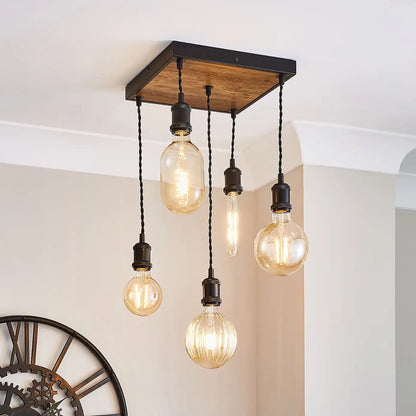 Melrose 5 Light Black & Wood Pendant Ceiling Light