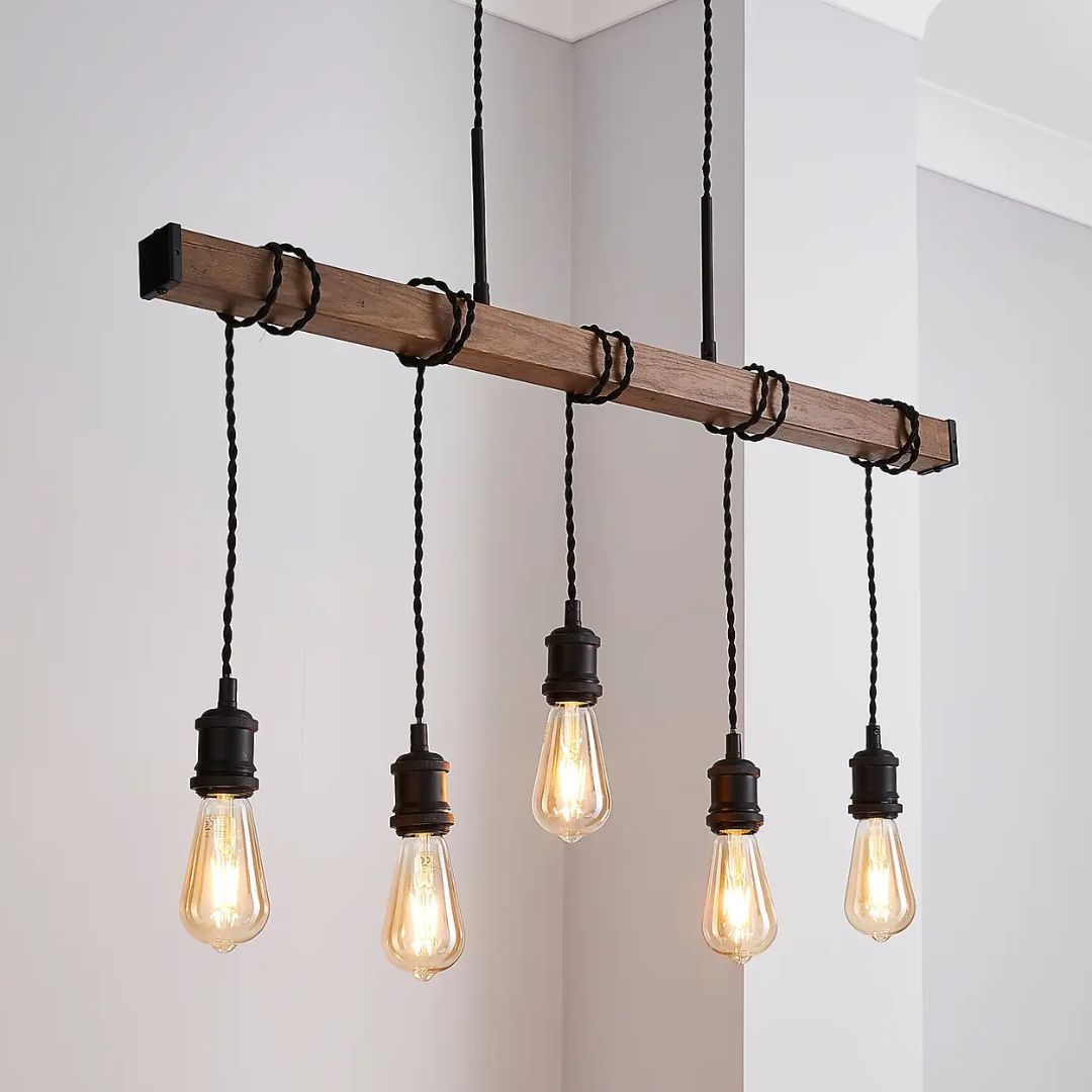 Melrose 5 Light Black and Oak Pendant Bar