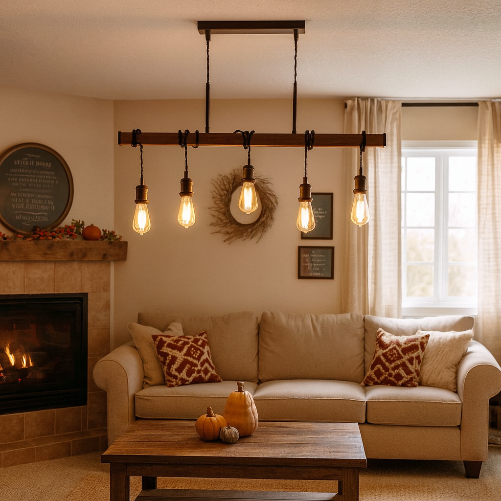 Melrose 5 Light Black and Oak Ceiling Pendant Bar