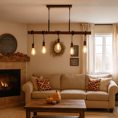 Melrose 5 Light Black and Oak Ceiling Pendant Bar