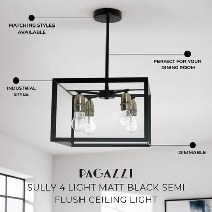 Sully 4 Light Matt Black Semi Flush Ceiling Light