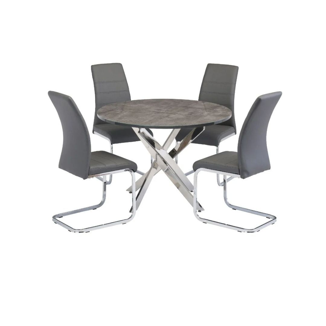 Paris Round 1M Grey Marble-Effect Table with 4 Grey Chairs Dining Set