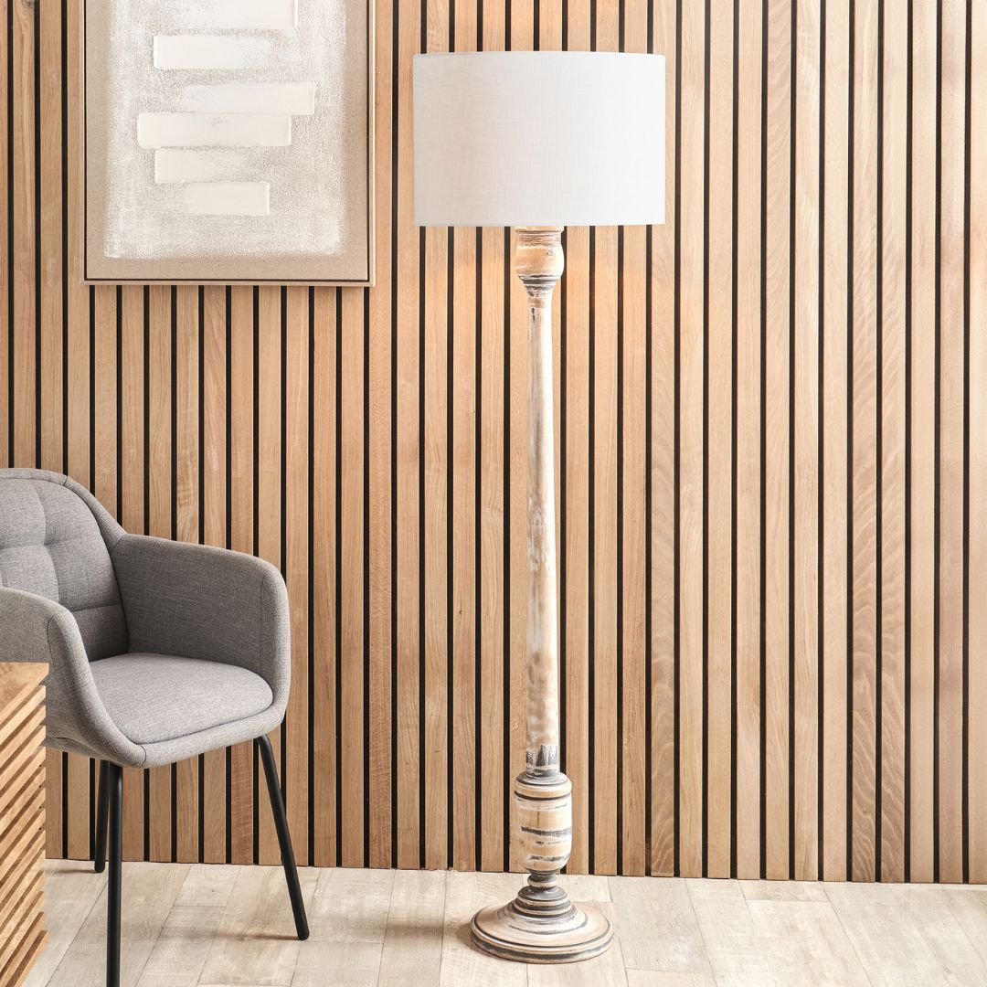 Captiva Grey Wash Wood Floor Lamp with White Shade