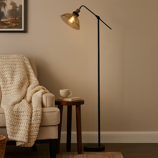 Melina Antique Brass & Amber Glass Task Floor Lamp