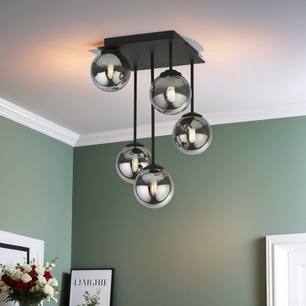 Navarro 5 Light Black & Smoked Glass Semi Flush Ceiling Light