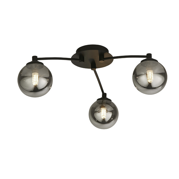 Navarro Flush 3-Light Black Ceiling Light with Smoked Glass