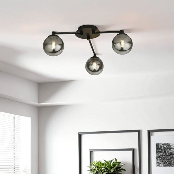 Navarro Flush 3-Light Black Ceiling Light with Smoked Glass