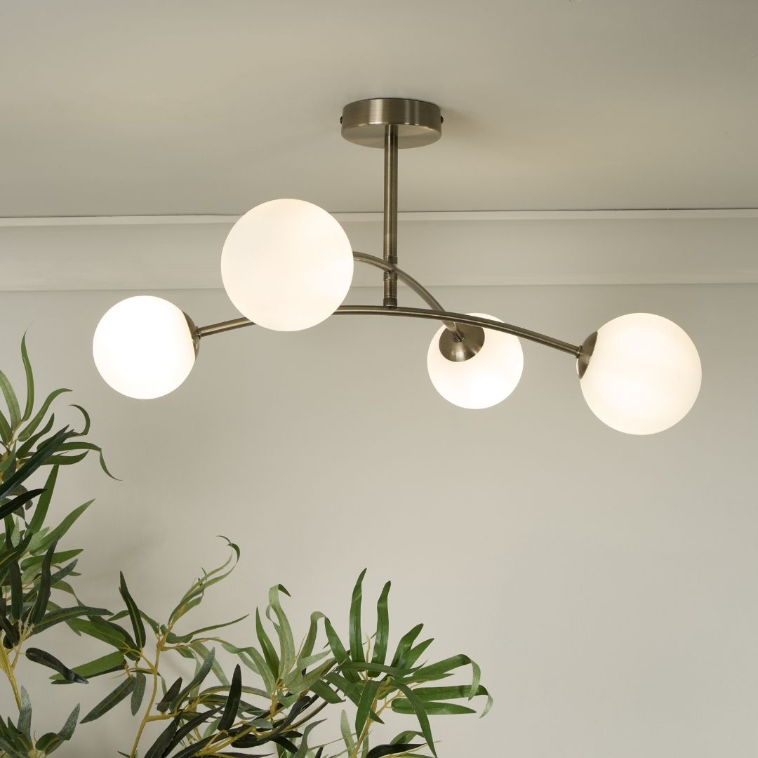 Ellison 4 Light Antique Brass & Frosted Glass Flush Ceiling Light
