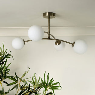 Ellison 4 Light Antique Brass & Frosted Glass Flush Ceiling Light