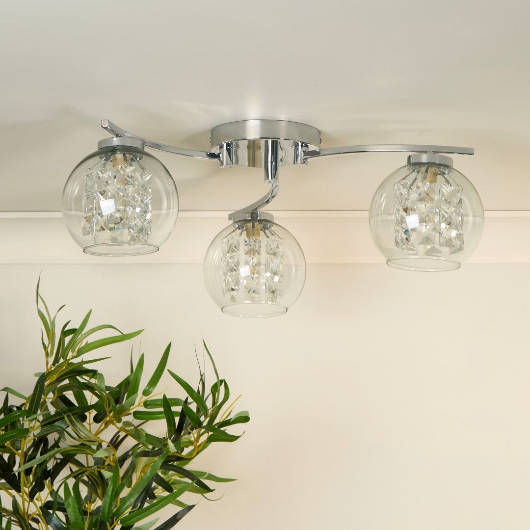 Plaza 3 Light Chrome & Glass Flush Ceiling Light