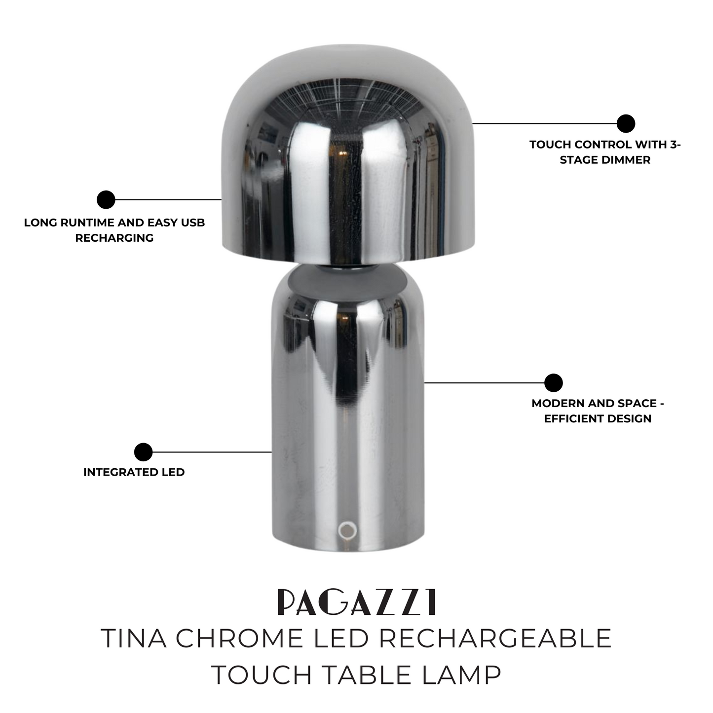 Tina Chrome LED Rechargeable Touch Table Lamp